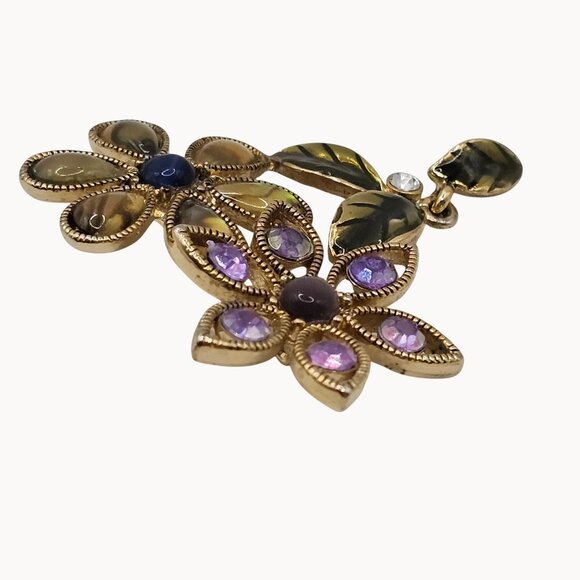 Gold Tone Purple Green Enamel Rhinestone Floral Whimsigoth Fairycore Boho Brooch - Picture 6 of 12